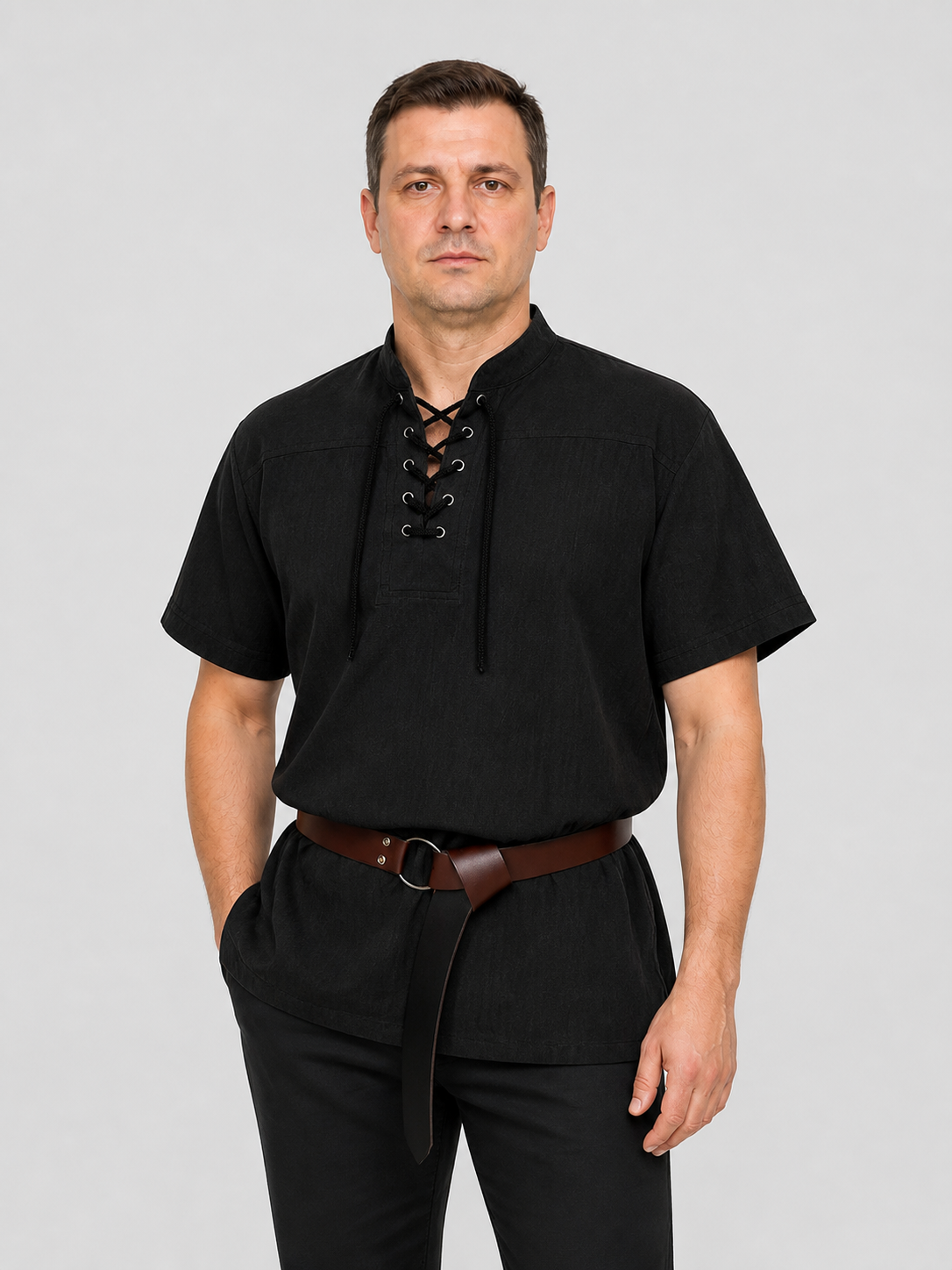 Medieval Lace-Up Blouse with Short Sleeves and Belt Costumes detail 3