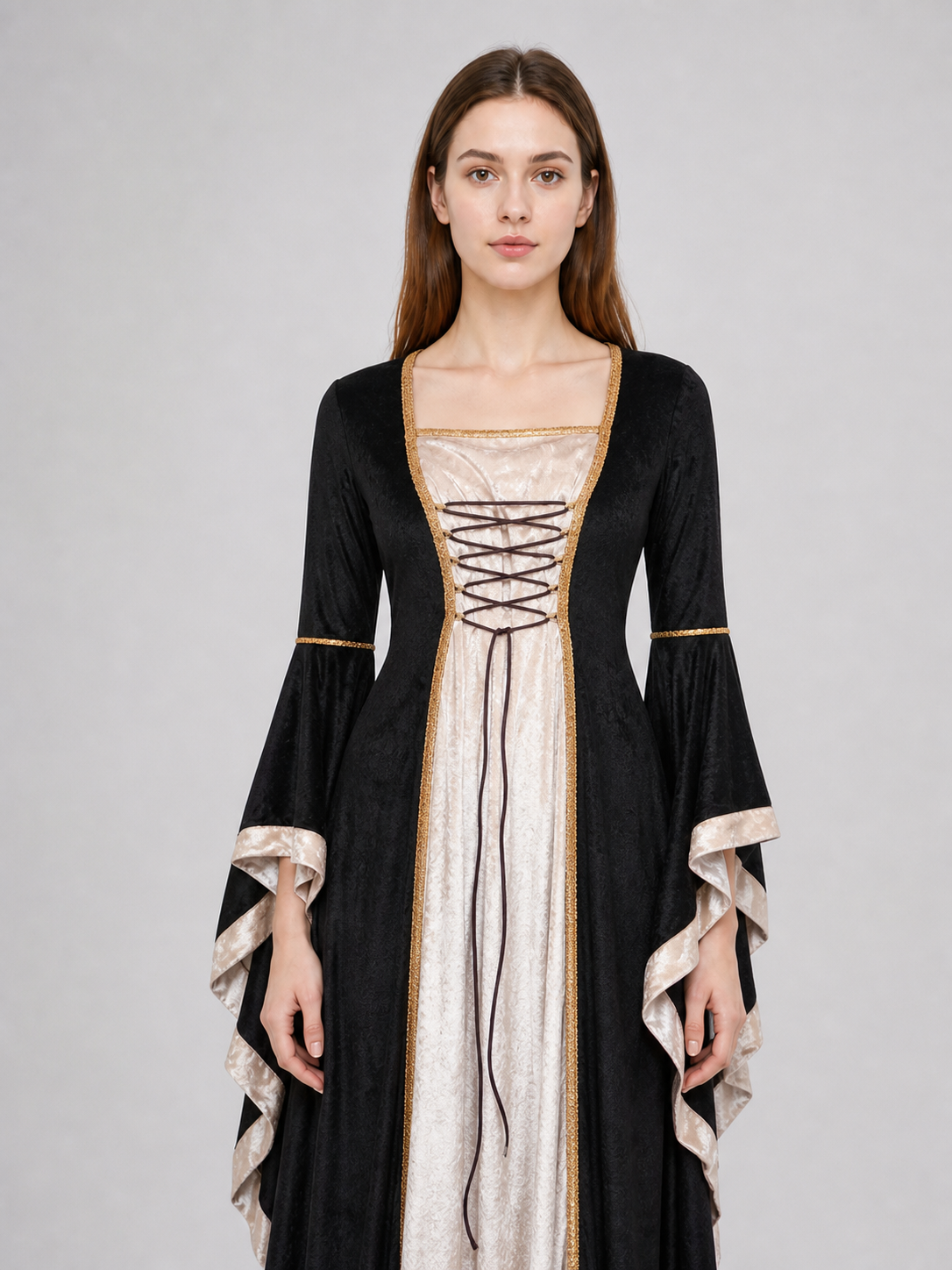 Floor-Length Dress with Corset Lacing and Ruffles