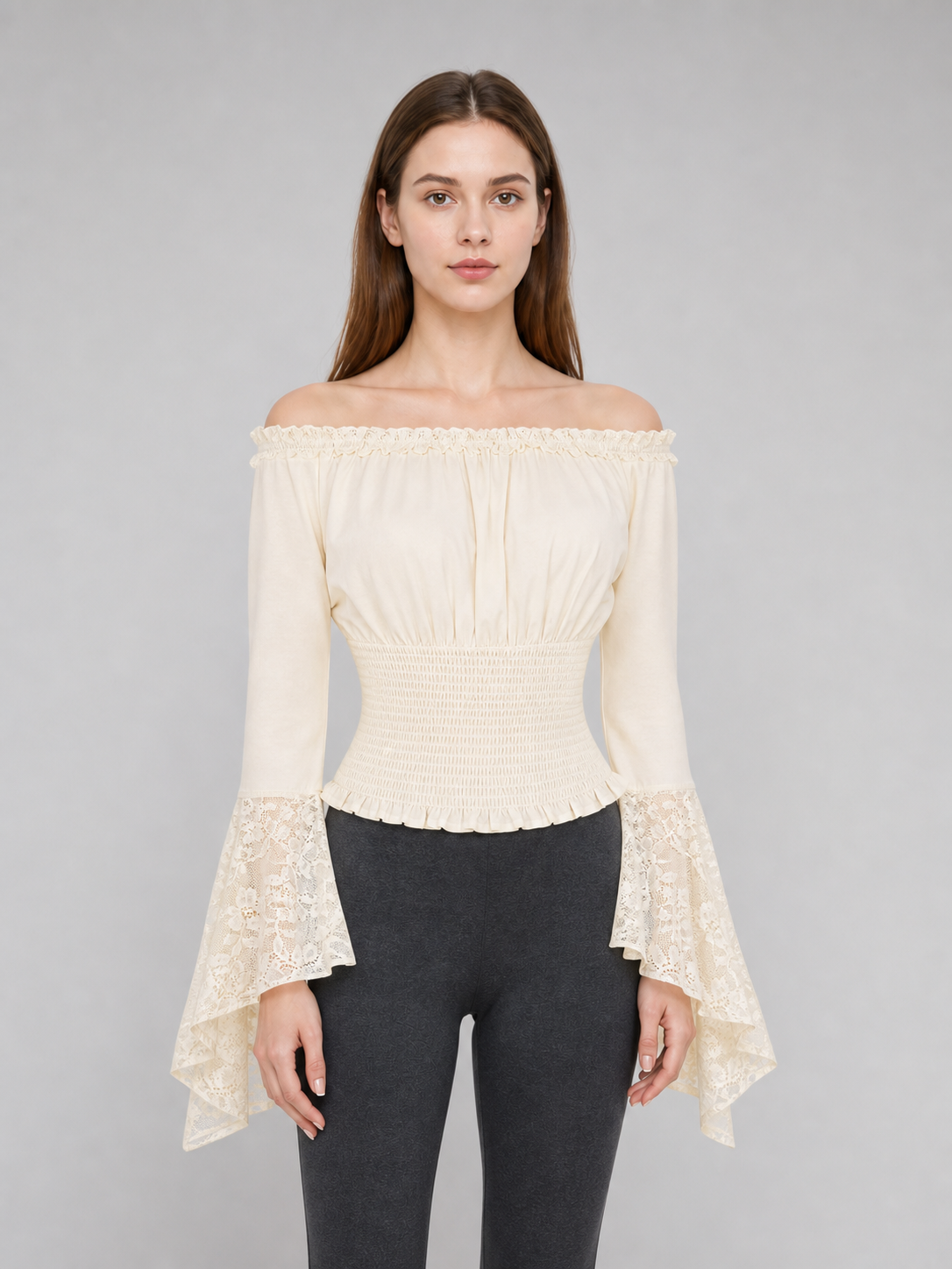 Off-the-Shoulder Blouse with Lace Cuffs