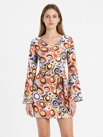 Short Dress with Geometric Print and Flared Sleeves Costume Dresses detail 3