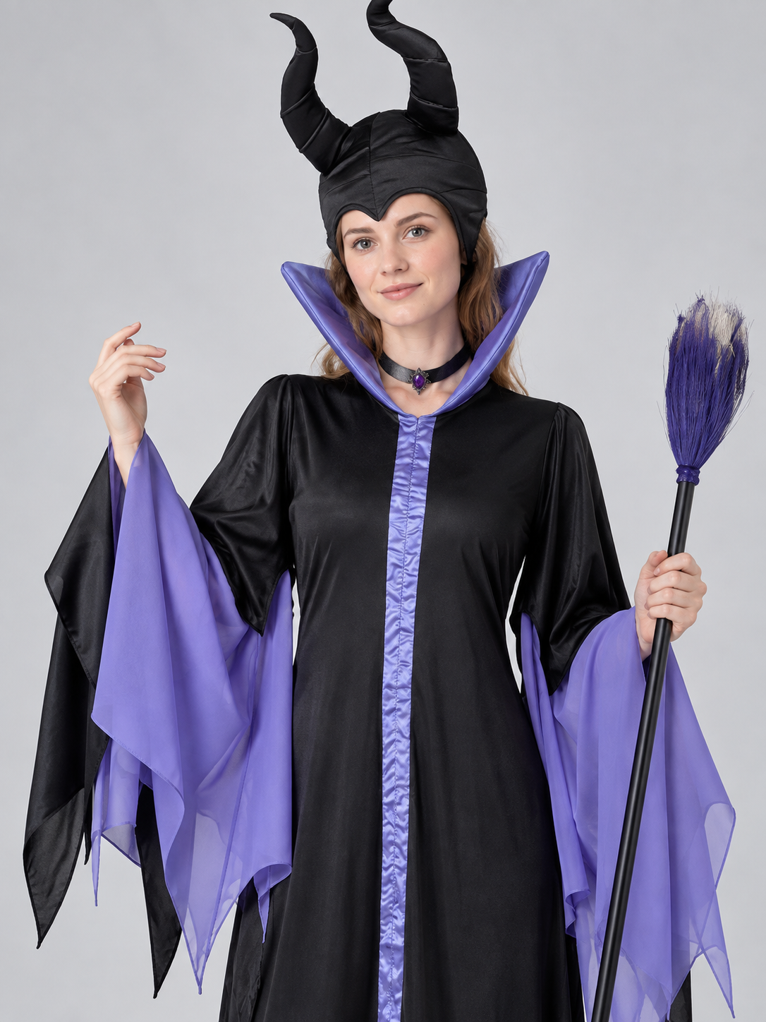 Vampire Halloween Costume with Horns and Broom