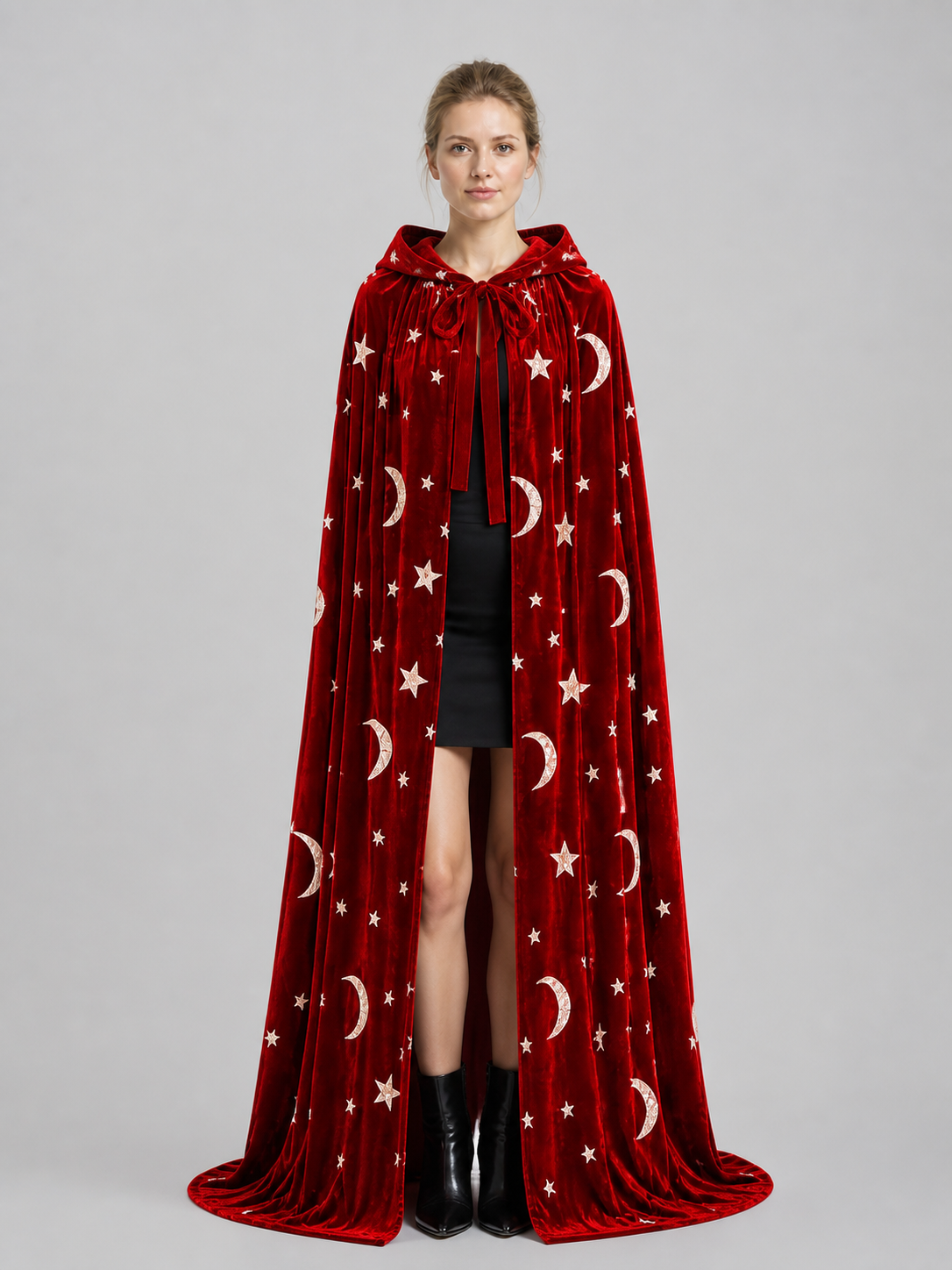 Adult Hooded Cloak with Stars and Moons, Burgundy, Floor-Length Costume Capes detail 3