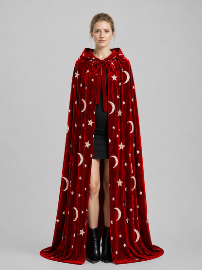 Adult Hooded Cloak with Stars and Moons, Burgundy, Floor-Length Costume Capes detail 3