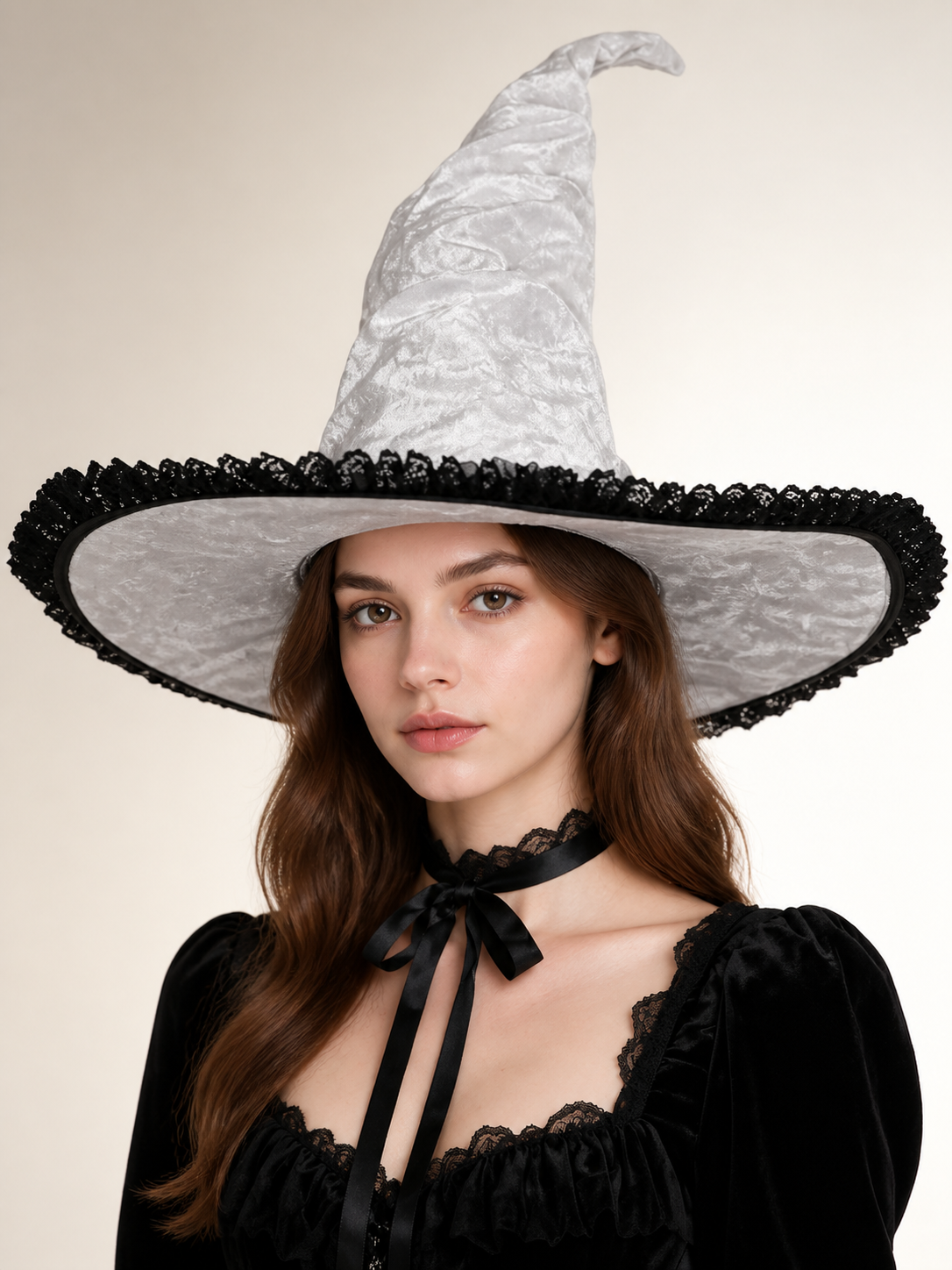 White and Black Witch Hat, Wide Brim Pointed Hat with Lace Trim and Curved upper body view 2