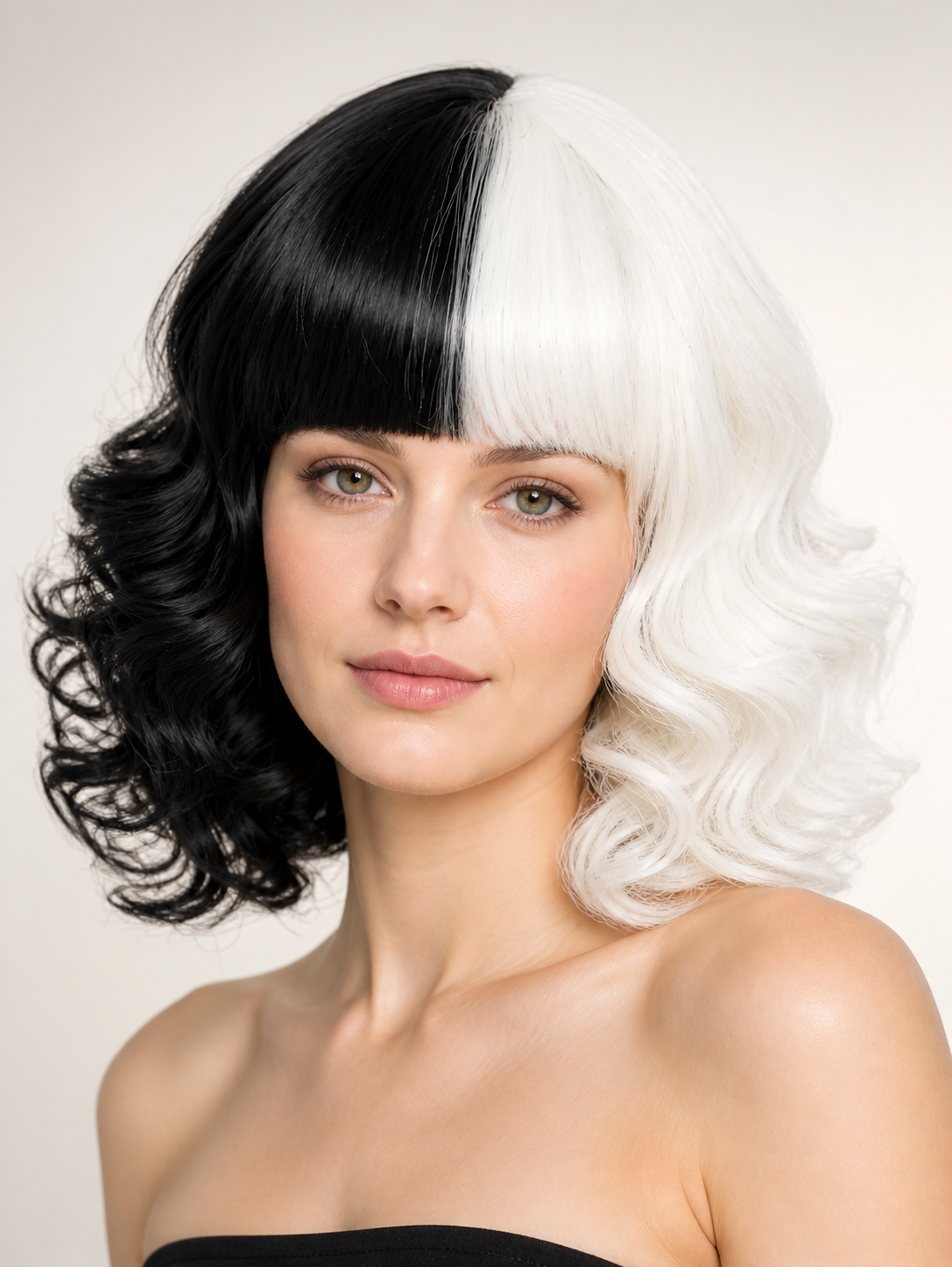 Black and White Curly Costume Wig with a Center Part Costume Wigs detail 2