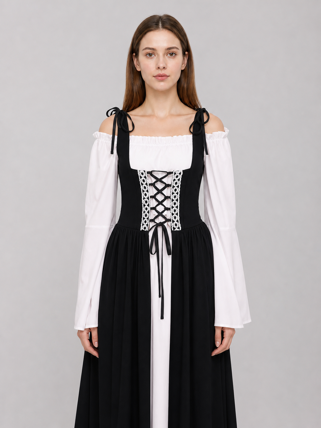 The dress is designed in a vintage medieval style and reflects characteristic