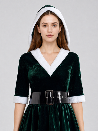 The dress is designed in a deep green color with white details. The hood Costume Dresses detail 2