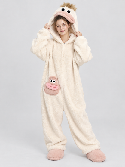 Pajama jumpsuit with a bulky hood and a cartoon face