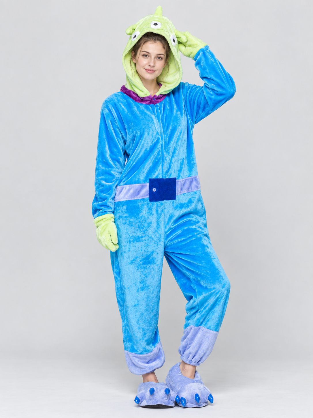 Blue Pajama Jumpsuit with Hood and Appliqués