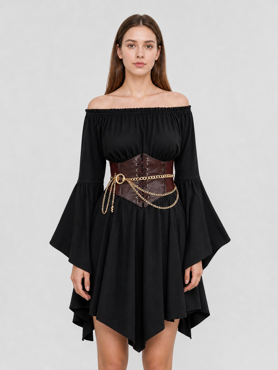 Dress with Belt, Flared Sleeves, and Asymmetrical Hem