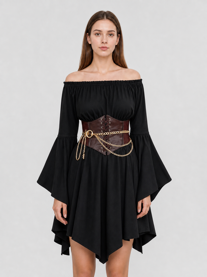 Dress with Belt, Flared Sleeves, and Asymmetrical Hem