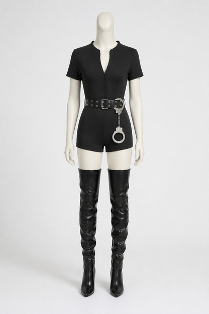 Black police costume with "police" lettering and belt Costumes detail 3