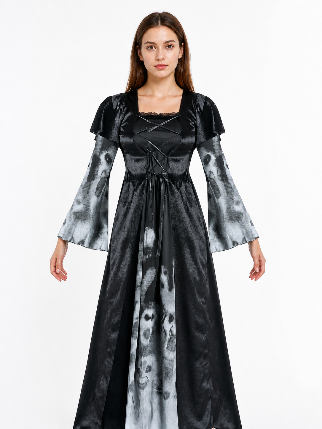 Long Dress with Flared Sleeves and Ghost Print