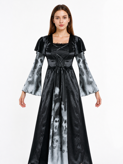 Long Dress with Flared Sleeves and Ghost Print