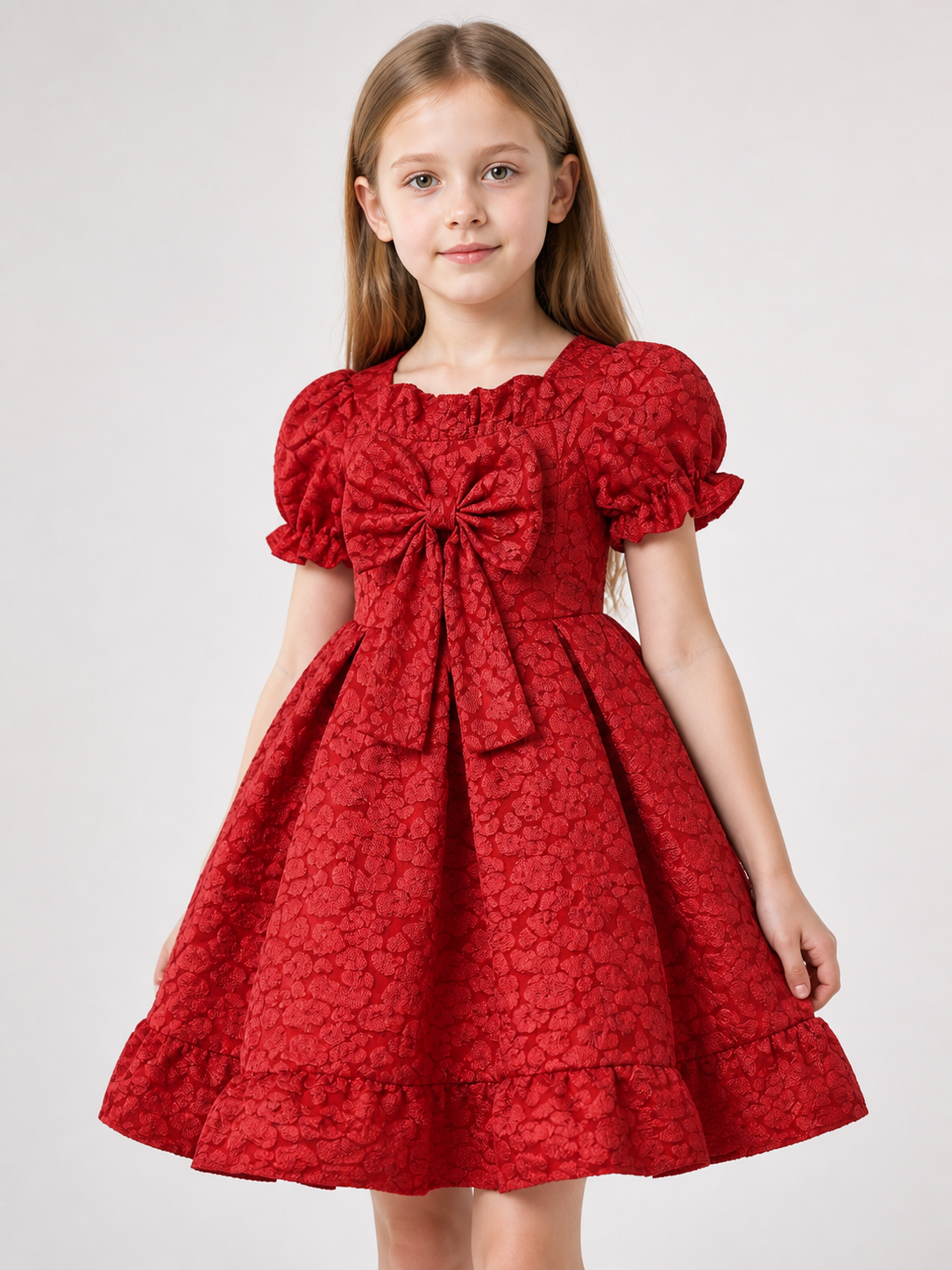 Red Dress with Puff Sleeves and a Bow Costume Dresses detail 2
