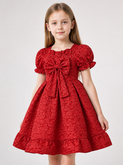 Red Dress with Puff Sleeves and a Bow Costume Dresses detail 2