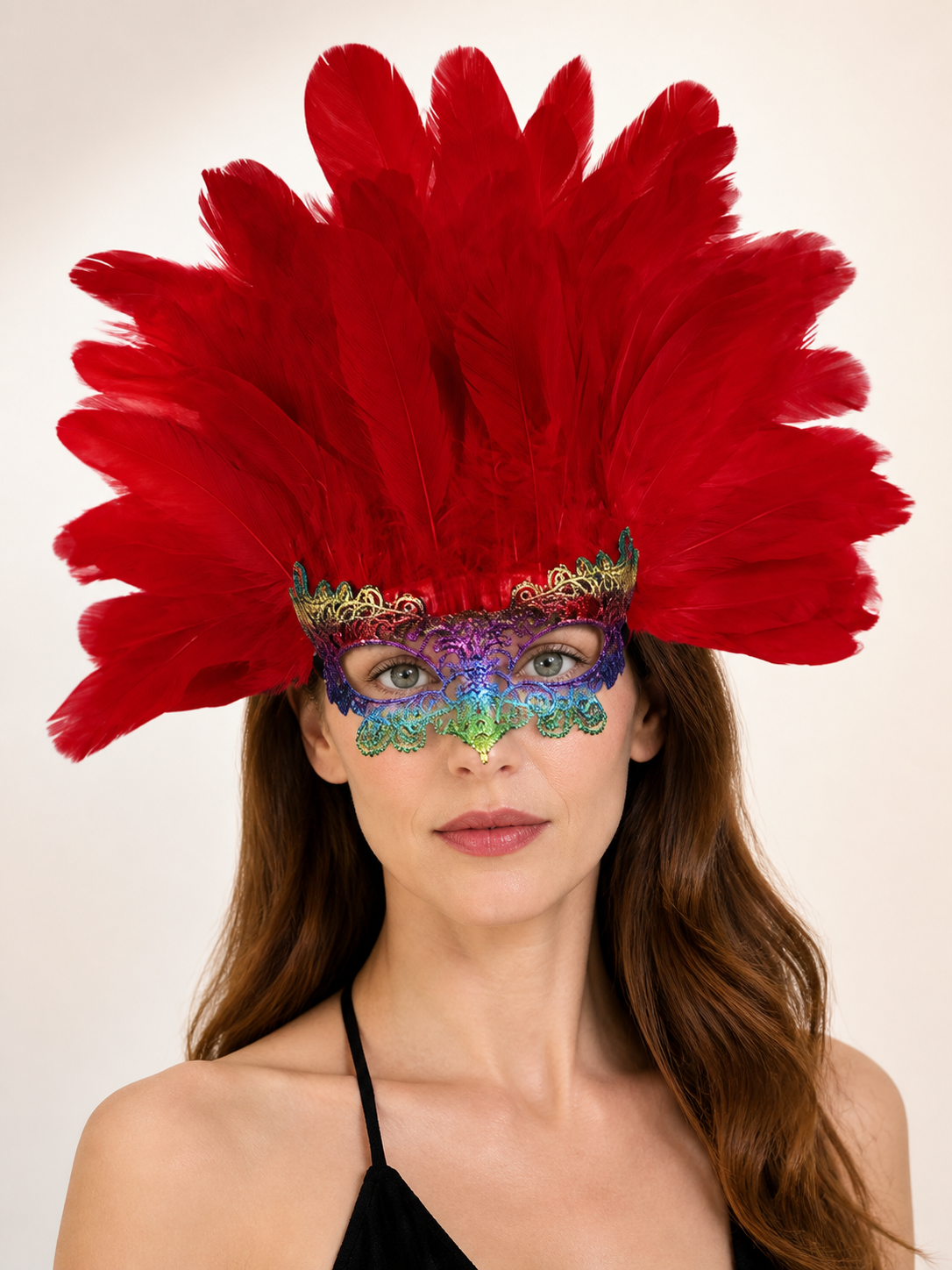 Carnival Headpiece with Red Feathers and Mask Costume Masks detail 2