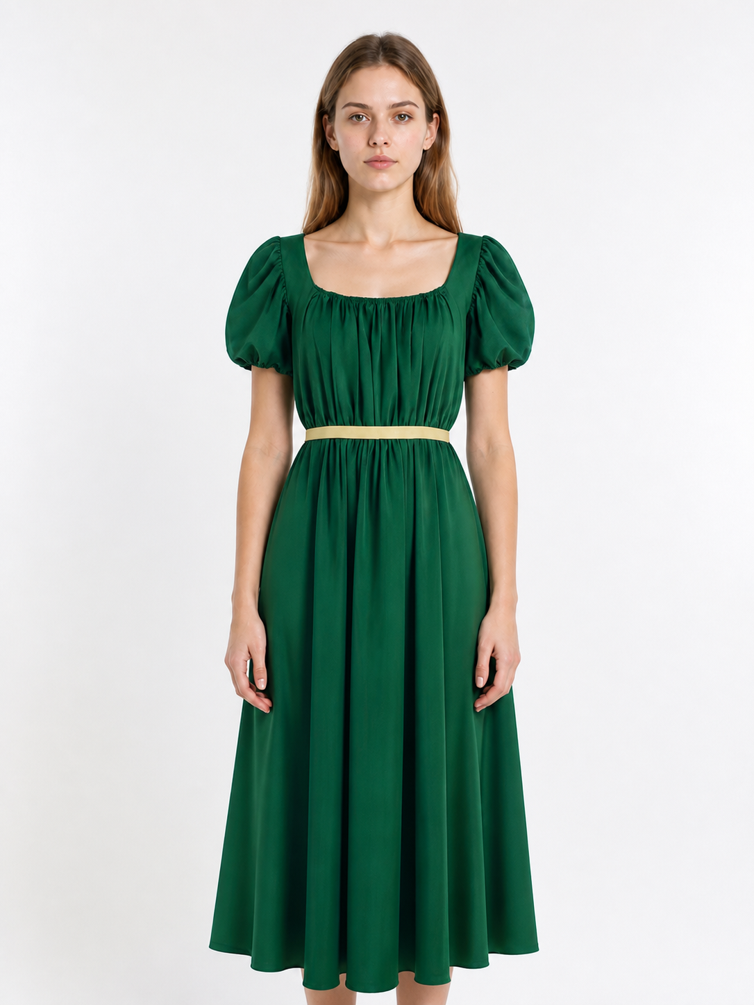 Long Dark Green Dress with Belt and Puff Sleeves Costume Dresses detail 3
