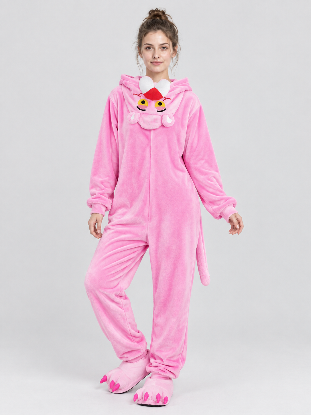Pink Fleece Hooded Jumpsuit Pajama with Tail
