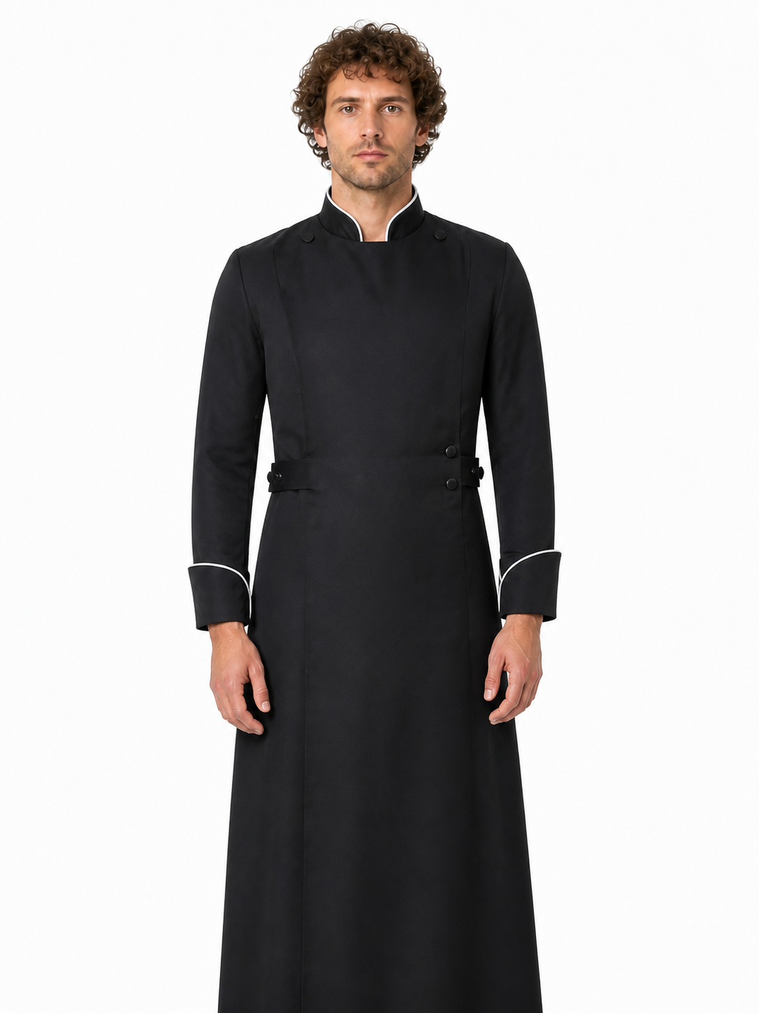 Long Black Robe with Stand Collar and White Trim product detail 2
