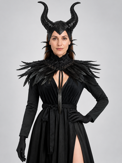 Witch costume: long black floor-length dress, feathers, horns