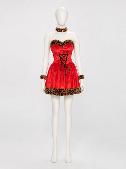 Cosplay costume dress with leopard-print trim