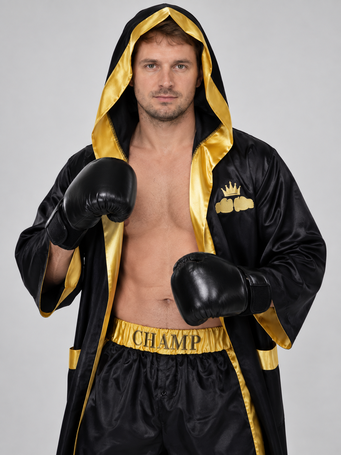 Black Boxer Costume with Gold Trim and Hood