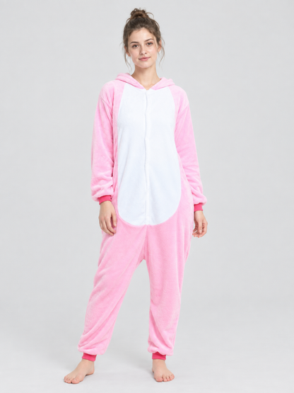 Pink and White Flannel Hooded Pajama Jumpsuit