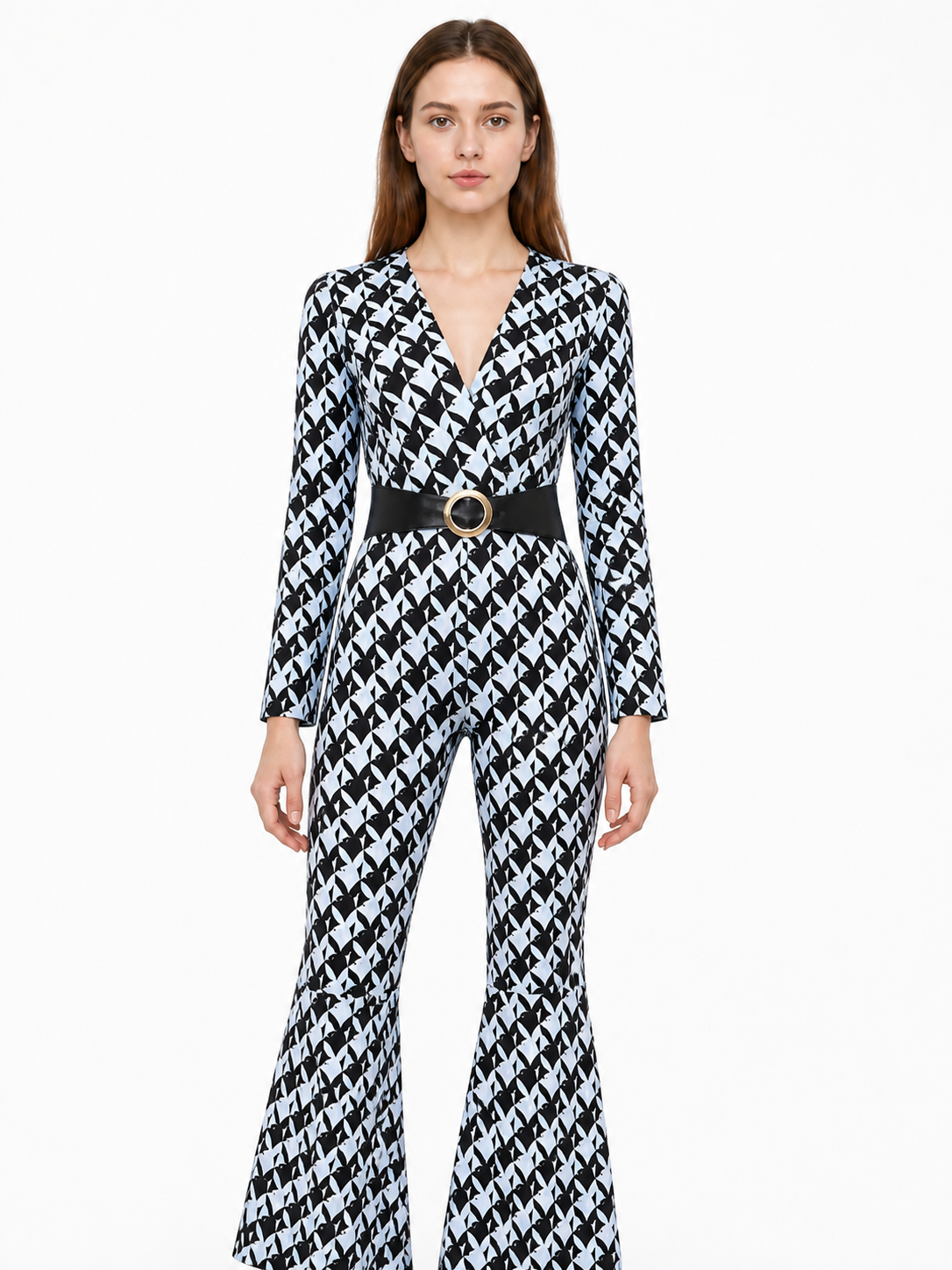 Black-and-White Jumpsuit with Geometric Print and Belt product detail 3