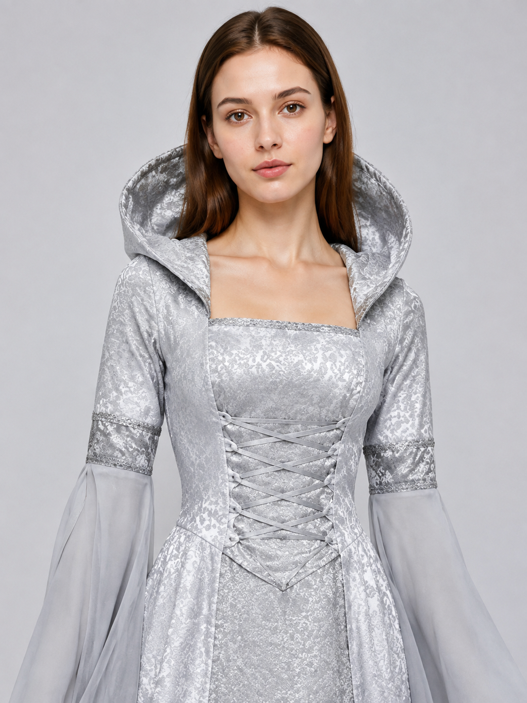 Medieval Gray Hooded Dress with Train Costume Dresses detail 2