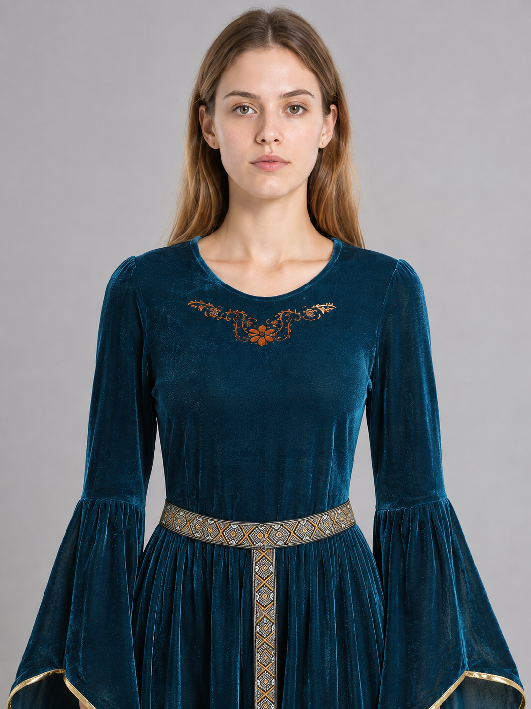 Floor-Length Velour Dress with Belt and Puff Sleeves Costume Dresses detail 2