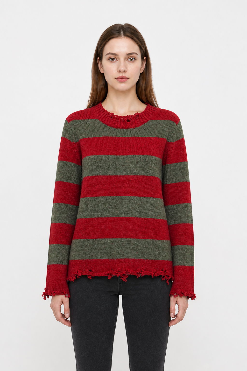 Striped Sweater with Raw Edges, Red and Green