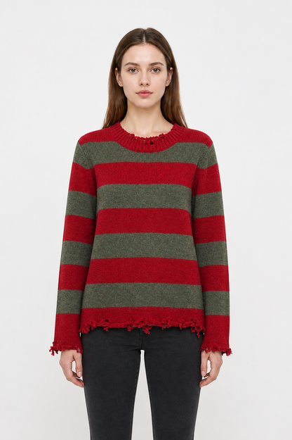 Striped Sweater with Raw Edges, Red and Green