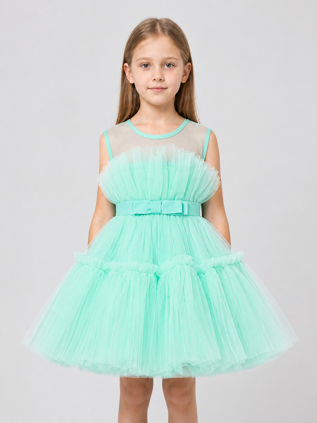 Mint Green Girls' Dress with Full Skirt and Bow Costume Dresses detail 3