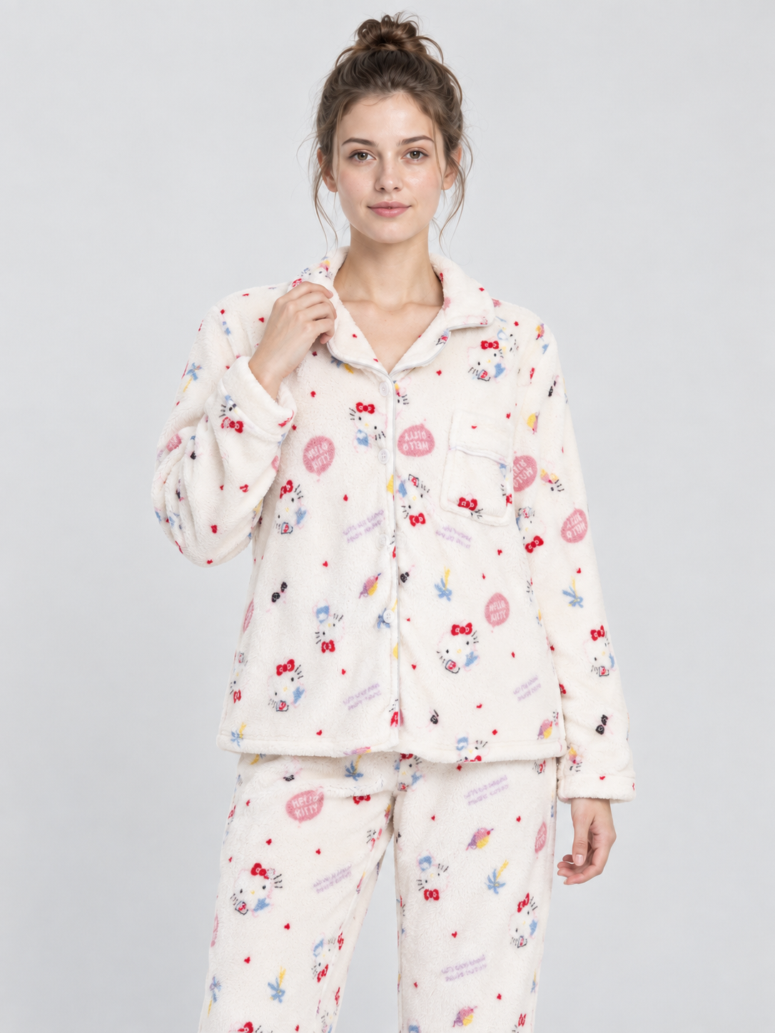 Flannel Pajamas with Cartoon Print, Cream White