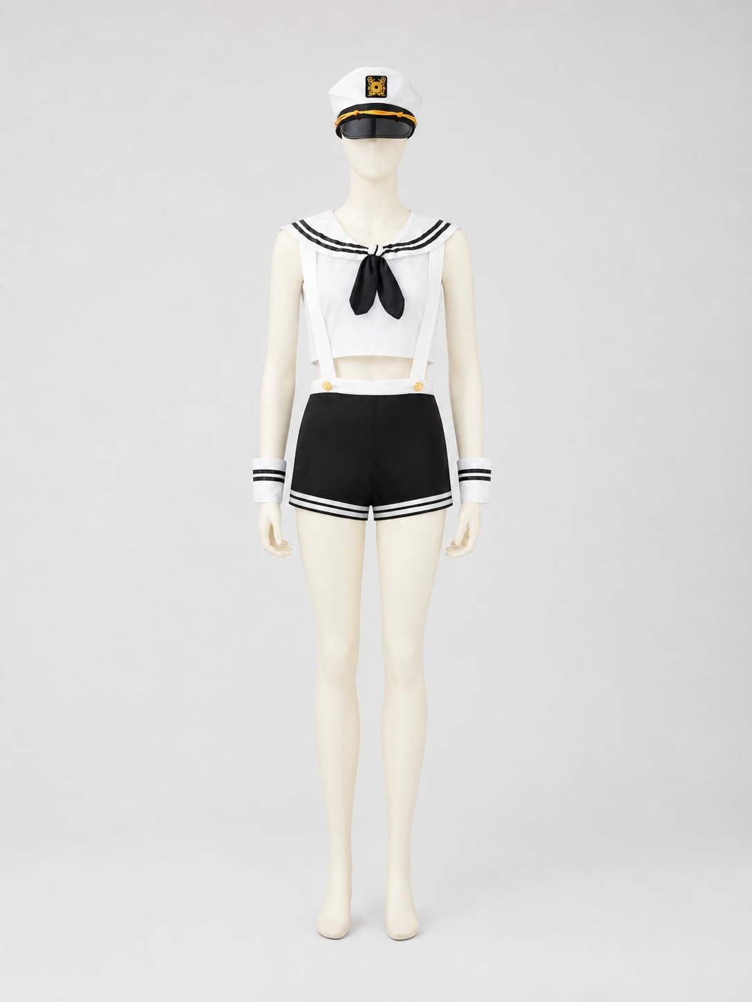 Sailor Costume: White Top, Black Shorts, Sailor Cap Costume Headwear detail 3