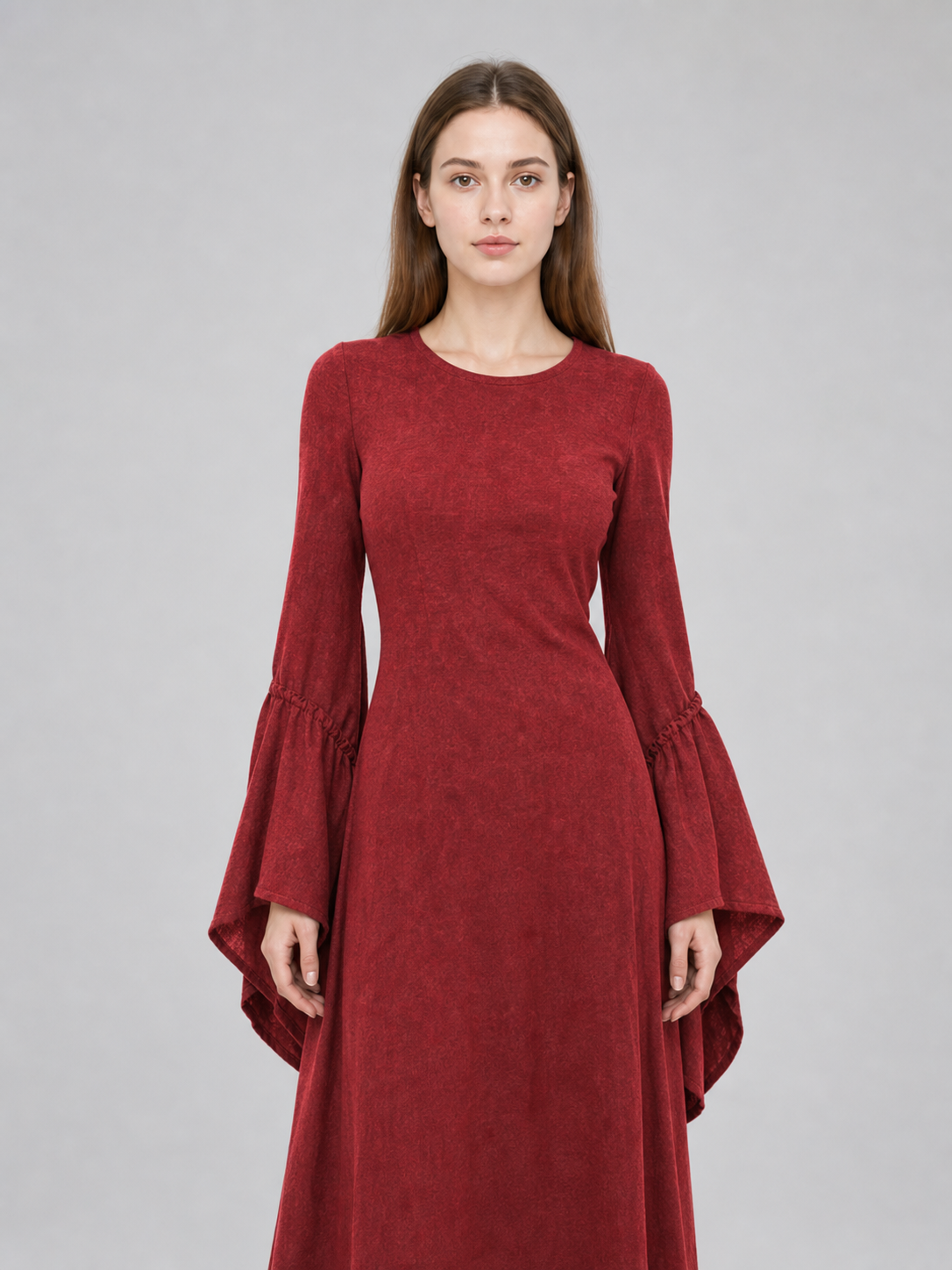 Burgundy Floor-Length Dress with Long Sleeves and Belt