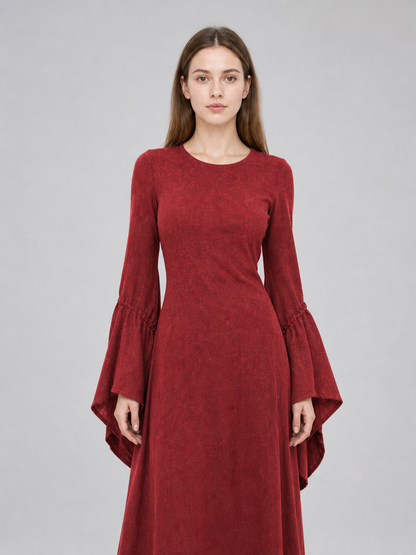 Burgundy Floor-Length Dress with Long Sleeves and Belt