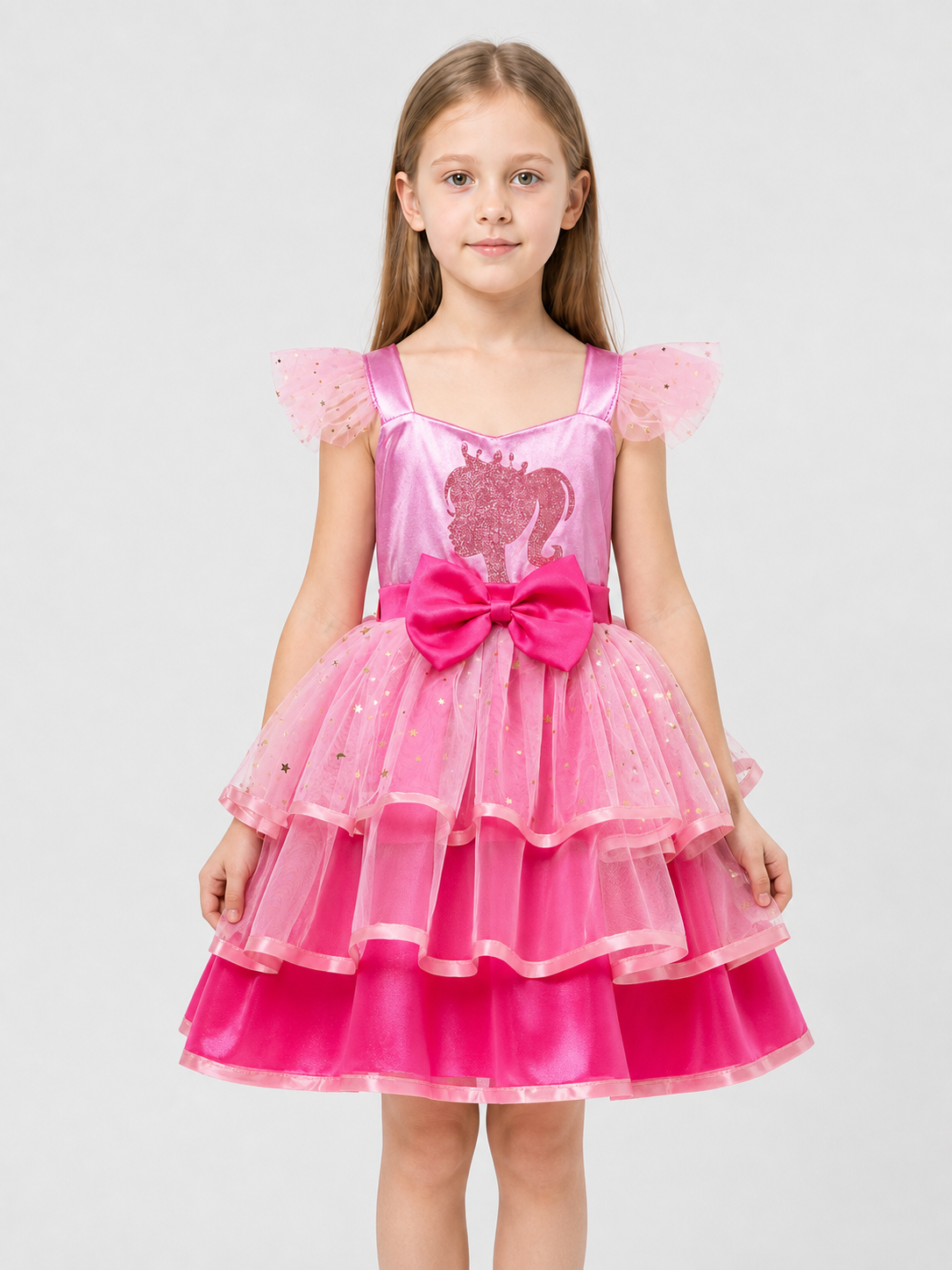 Pink Princess Dress with Layers, a Bow, and Tulle