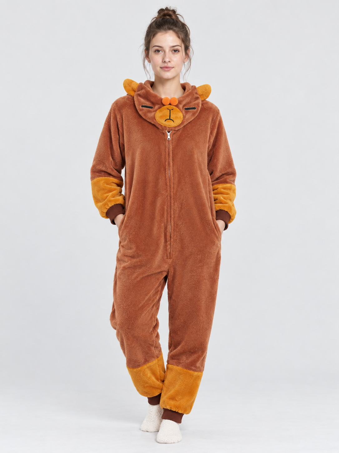 Brown plush hooded pajama jumpsuit with ears