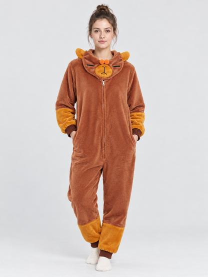 Brown plush hooded pajama jumpsuit with ears
