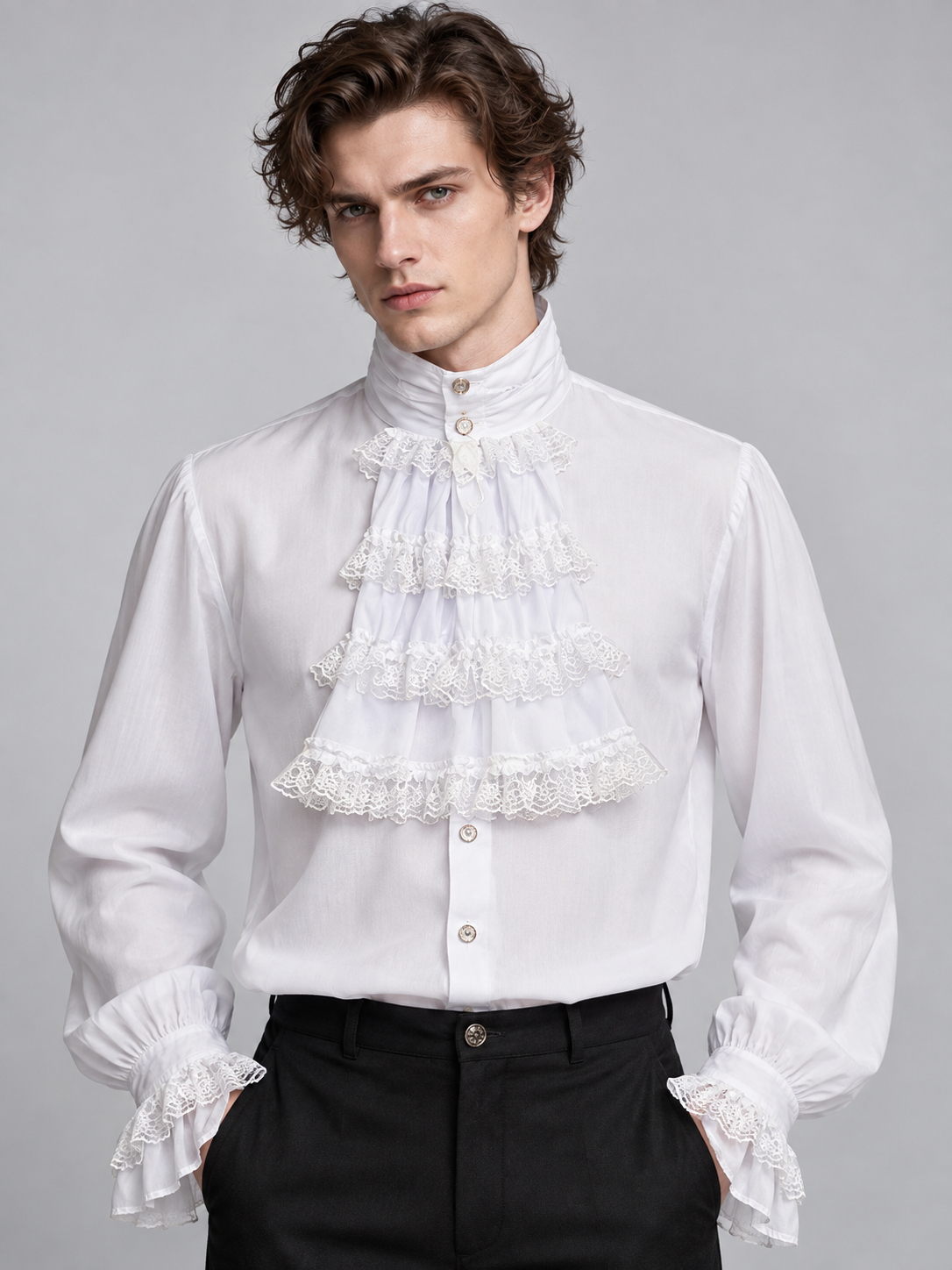 White Historical-Style Shirt with Lace Jabot