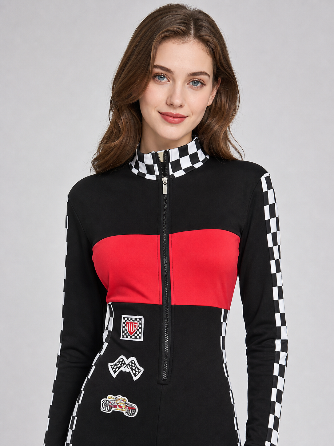 Jumpsuit with a checkerboard print and red panel