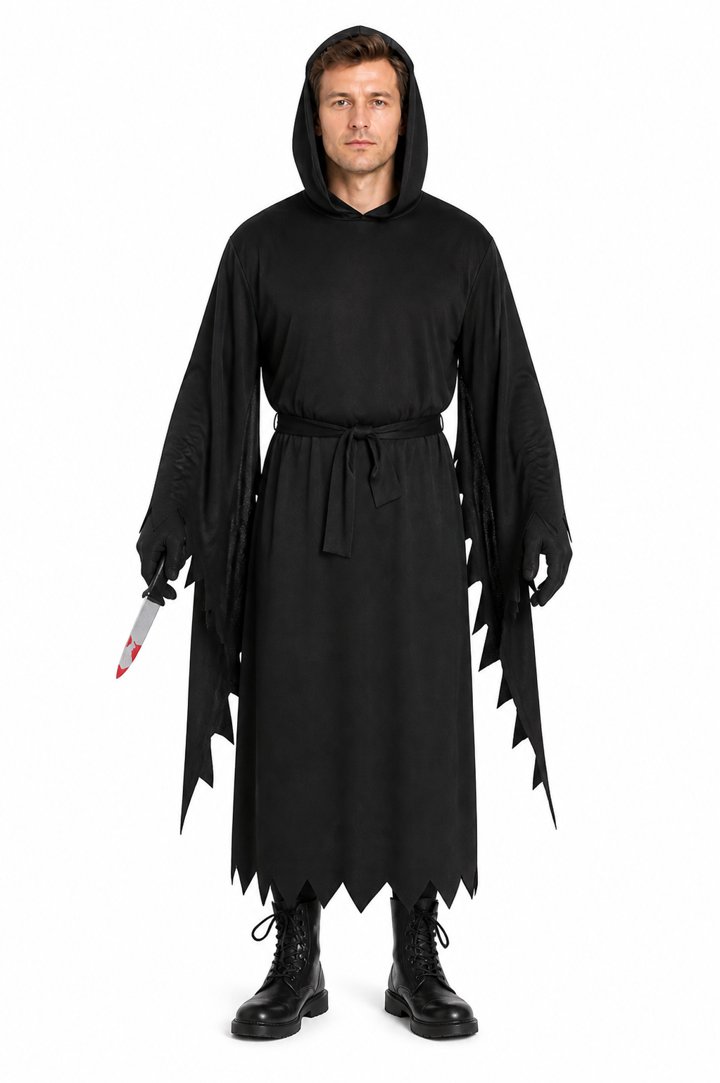 Scream Costume with Hood and Mask, Black Tattered Cloak