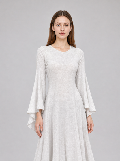 White Boho Maxi Dress with Belt and Flared Sleeves