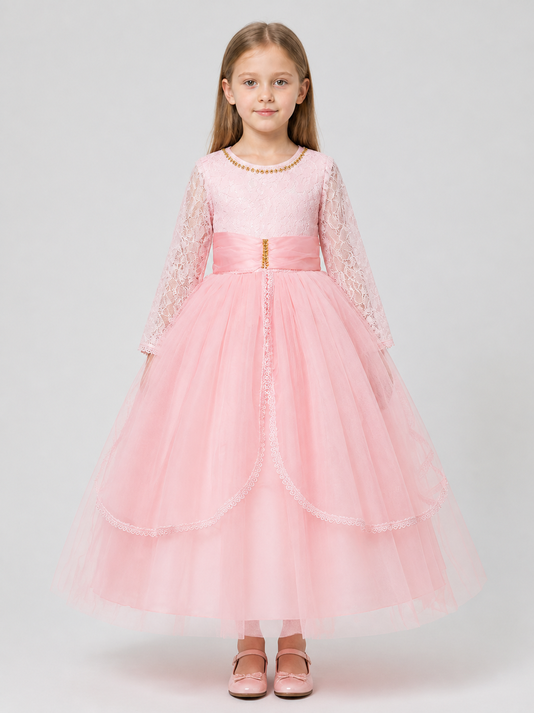 Girls' Pink Lace Dress with a Full Skirt