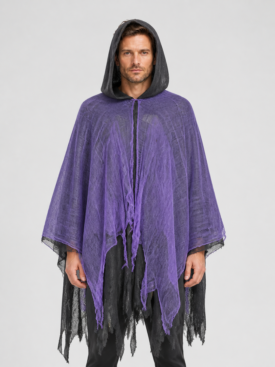 Purple Hooded Cloak with Tattered Hem for Halloween Costume Capes detail 3