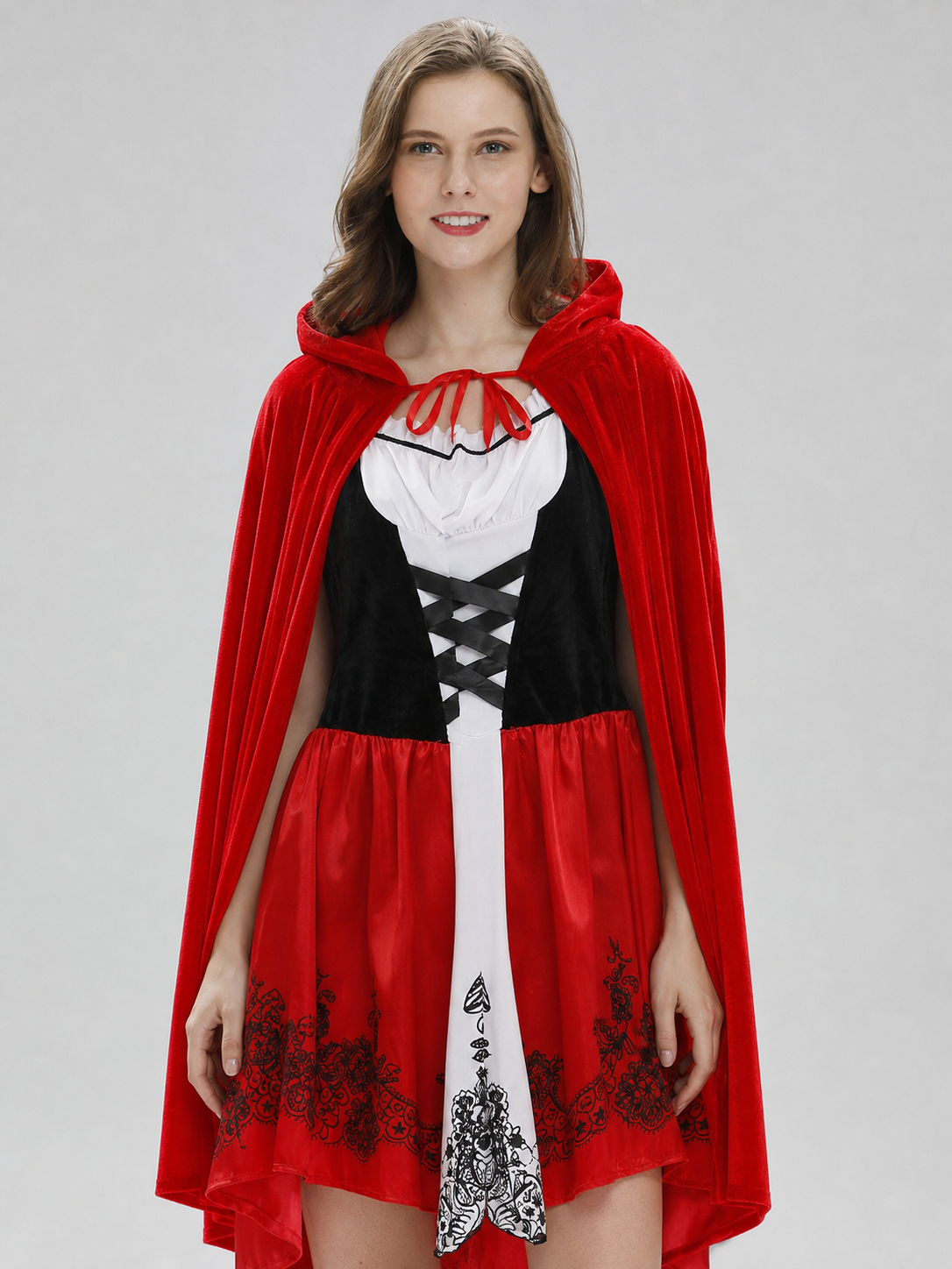 Dress with Hooded Cape, Red-and-Black Look