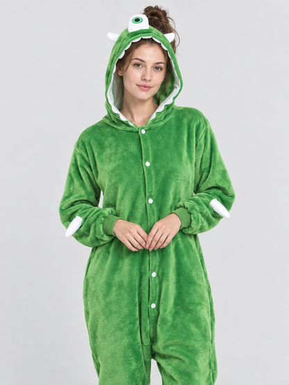 Green Fleece Hooded Pajama Jumpsuit with Tail
