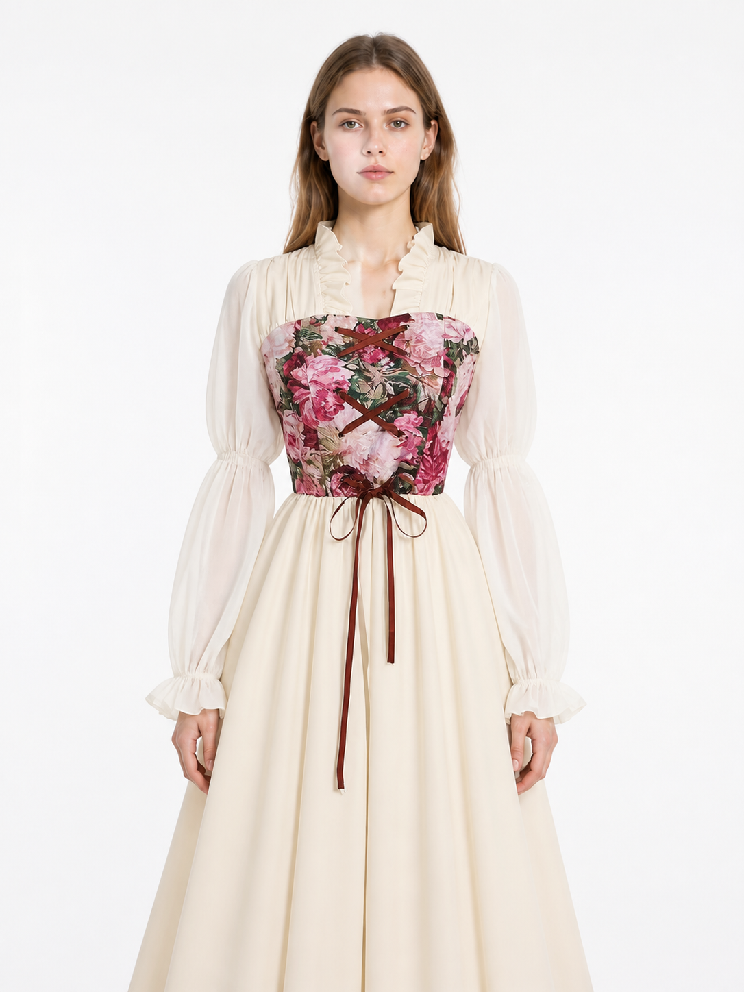 Dress with a Corset Bodice and Puff Sleeves